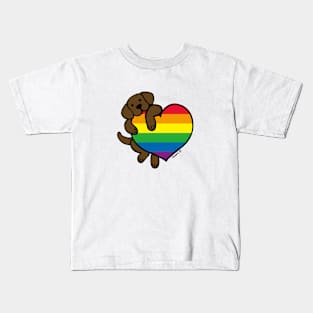 Chocolate Labrador Holding Rainbow Heart Kids T-Shirt